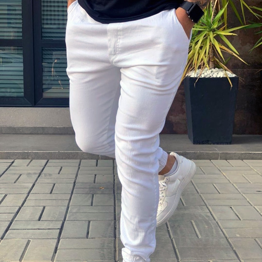 Calça Jogger Sarja Branca Masculina Com Punho Elástico Enfermagem