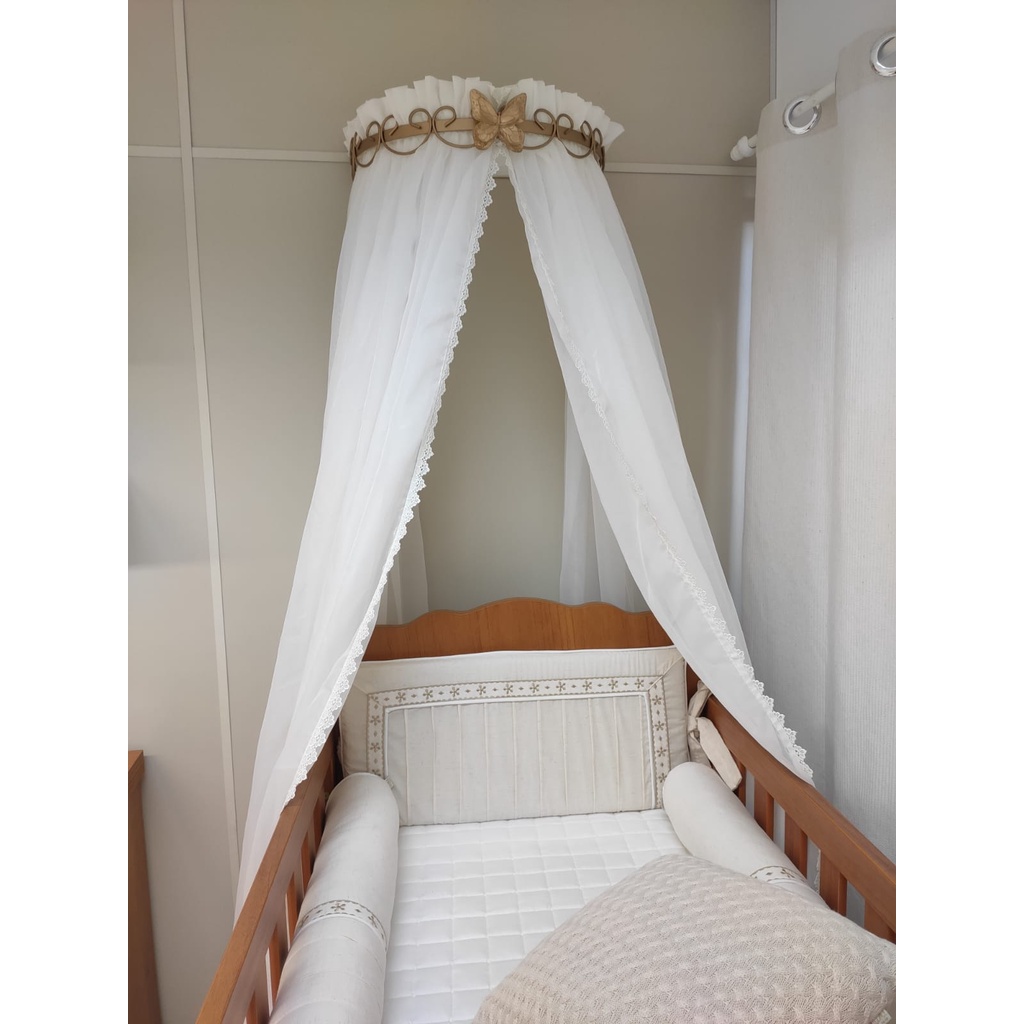 Dossel Arabesco Borboleta Dourado + Mosquiteiro Voil Guipr