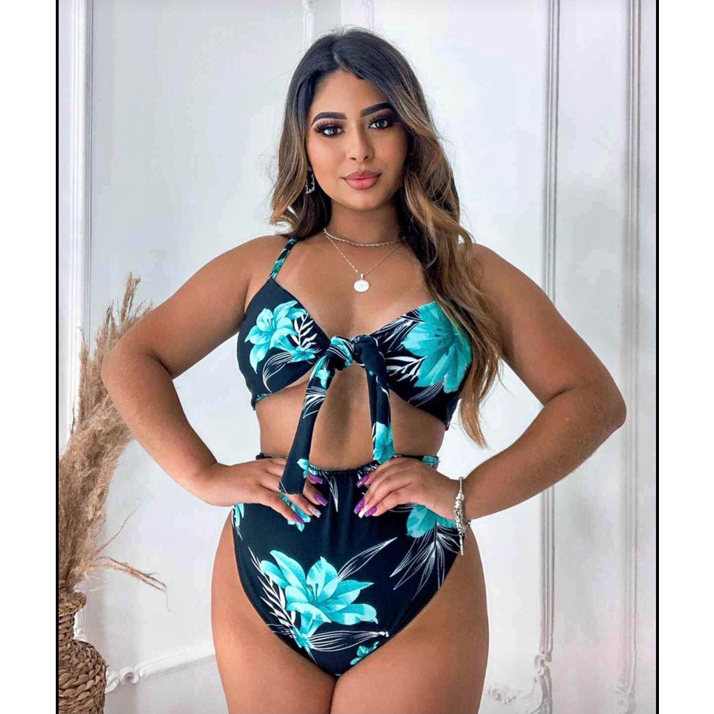 Biquini Hot Pants cintura alta feminina florido floral estampado Laço Reto