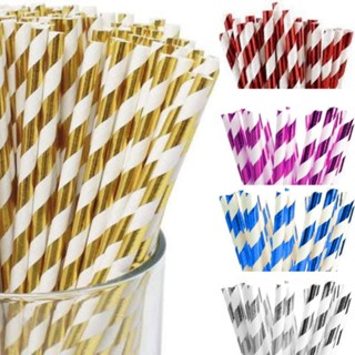 Kit 25 Canudo biodegradável de papel branco decorado metalizado listras topo de bolo 6mm Q9