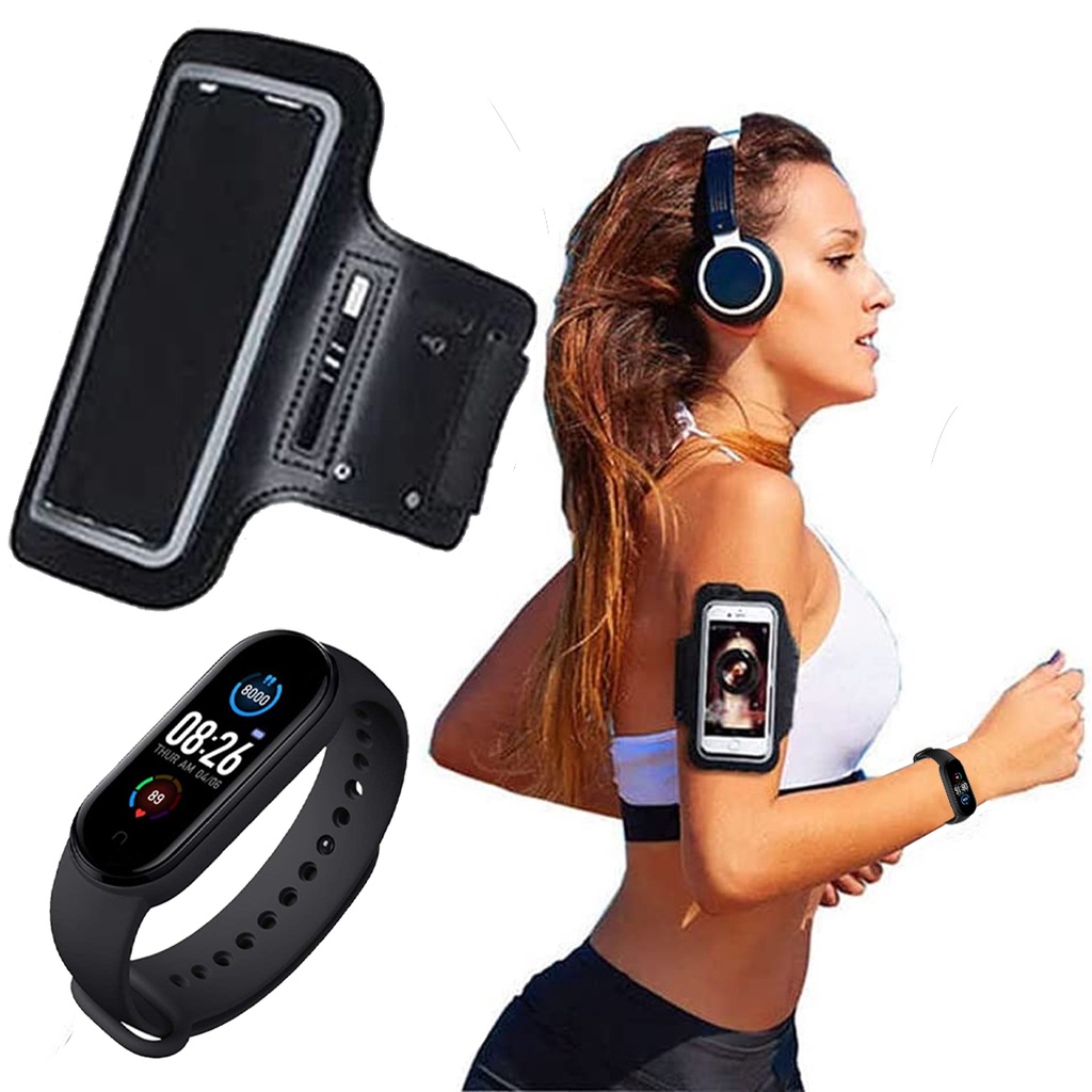 Braçadeira Capa de Corrida + Relógio Inteligente Smart M7 Esportivo