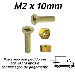 Parafuso M2 X 10mm Cabeça Chata Phillips Bicromatziado Com Porca Sextavada M2