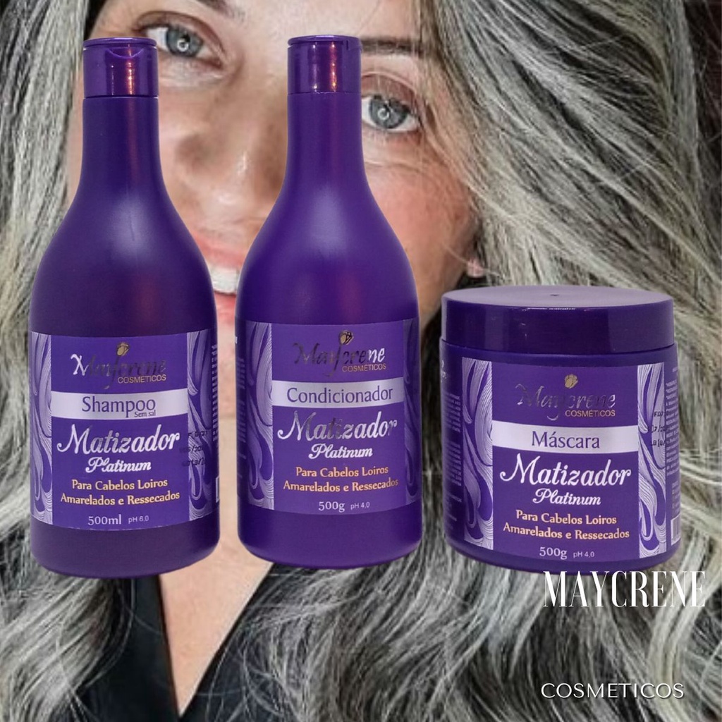 Kit Matizador Maycrene ( Shampoo + Condicionador + Máscara) 500ml cada ideal para cabelos loiros, brancos ou grisalhos. Renova e realça