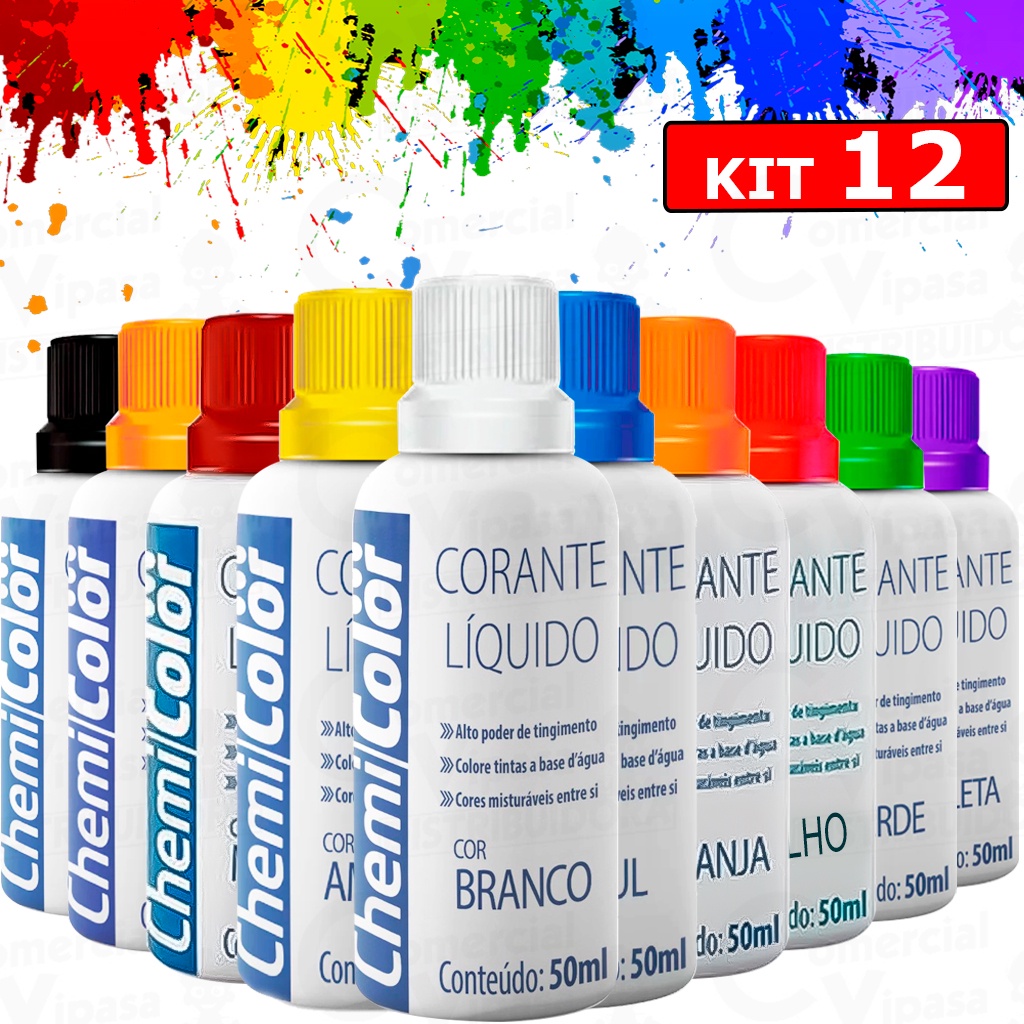 Kit 12 Corante Líquido Xadrez Bisnaga Para Pigmentação 50ml Diversas Cores Tecidos Parede Construção - Home & Living