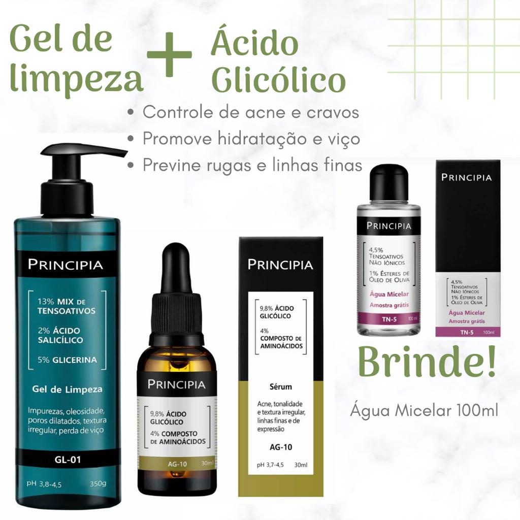 Kit Skincare Principia 1 Sérum Ácid. Glicólico AG-10 + 1 Gel de Limpeza facial = GANHE 1 Água Micelar 100ml (3 Itens)