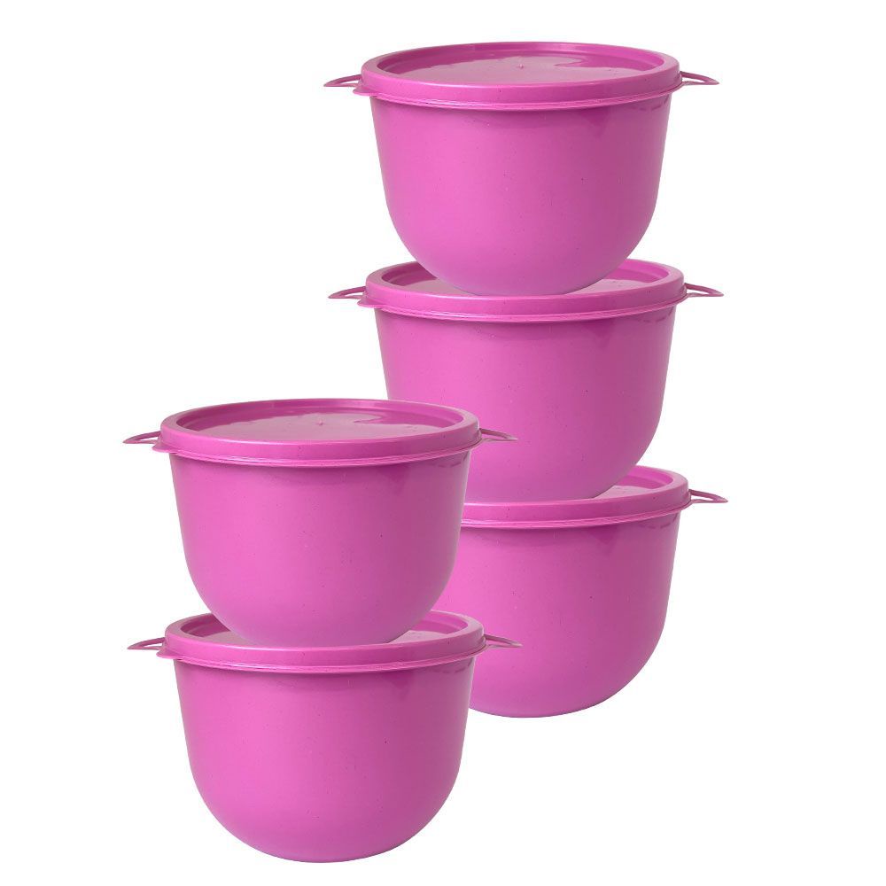 Kit 5 Potes Redondos Rosa Pink de Plástico com Tampa e Alça 500ml cada Empilhável