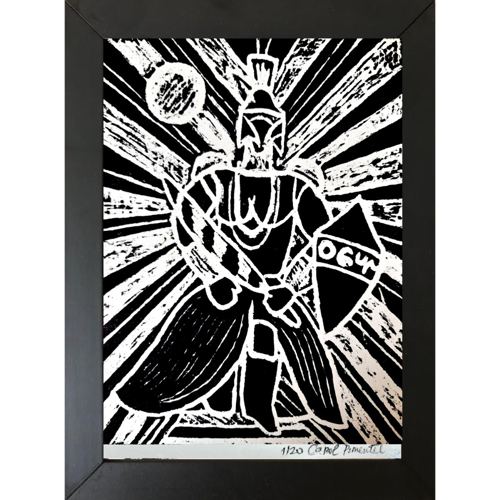 Quadro Xilogravura Moldura Vidro Suporte Tamanho A5 Ogum II Umbanda Candomblé