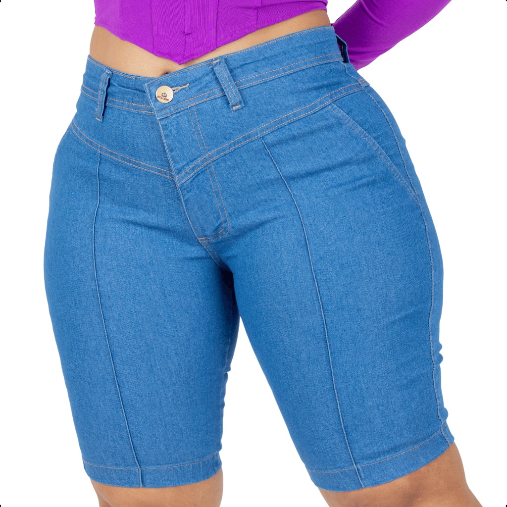 Bermuda Jeans Feminina Plus Size Levanta Bumbum Com Lycra Cintura Alta Modela Detalhes Frontais