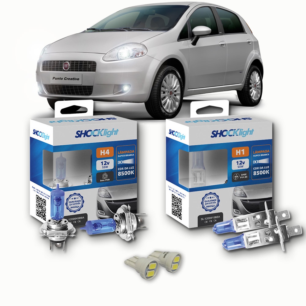 KIT lâmpadas Super brancas + LED T10 Fiat PUNTO ELX 1.4 2008/2013 Farol H4 + milhas H1 8500k