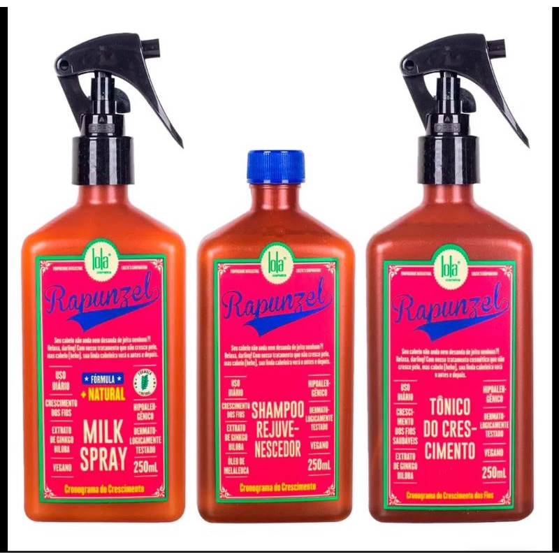 kit shampoo 250ml + tratamento antiqueda 250ml + leave-in 250ml ,lola cosmetics rapunzel
