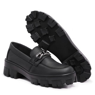 Mocassim Feminino Tratorado Oxford Preto/Off White Confortável Leve