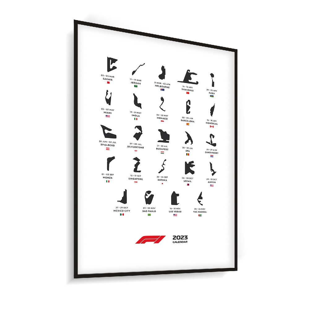 Quadro Decorativo Com Moldura Esportes Fórmula 1 F1 Calendário Circuitos 2023 - Versão Light