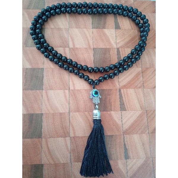 Imagem Japamala 108 Contas Pérola Negra (Plástico) Passador Mão De Fátima E Olho Grego Rosário Budista Ref:262