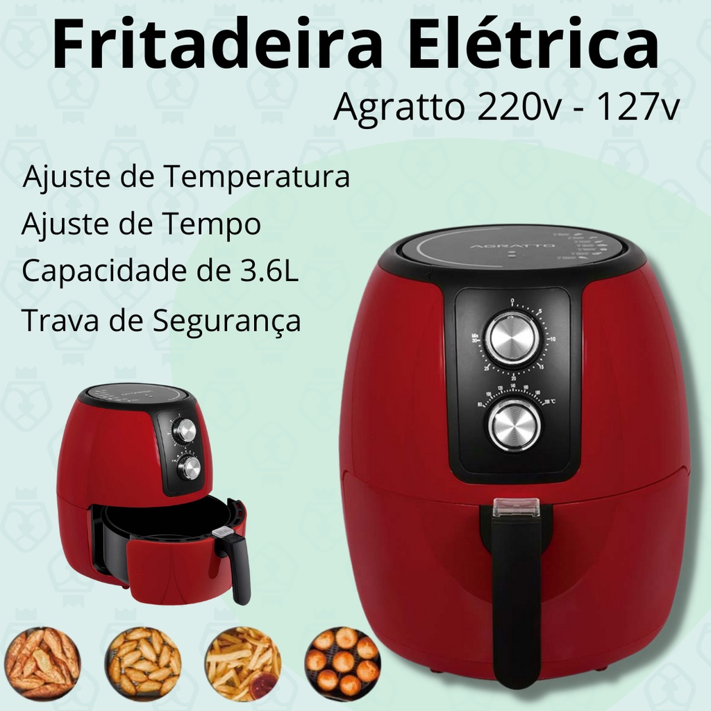 Fritadeira Elétrica Air Fryer Supremma Preta 3,6l Agratto - Frita sem Óleo - Vermelha