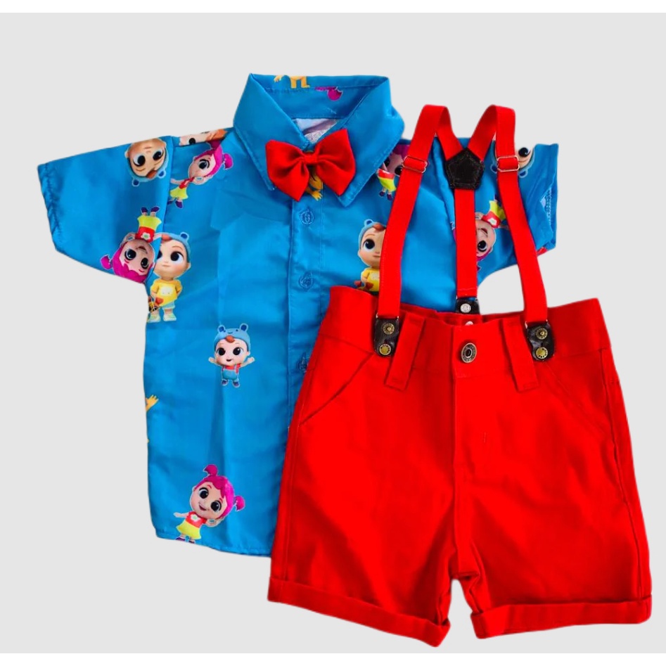 Conjunto JOÃOZINHO temático, camisa, bermuda, suspensório e gravata.