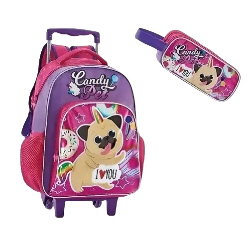 Kit Mochila Escolar Rodinha Candy Cachorro Pet Pug Unicórnio + Estojo