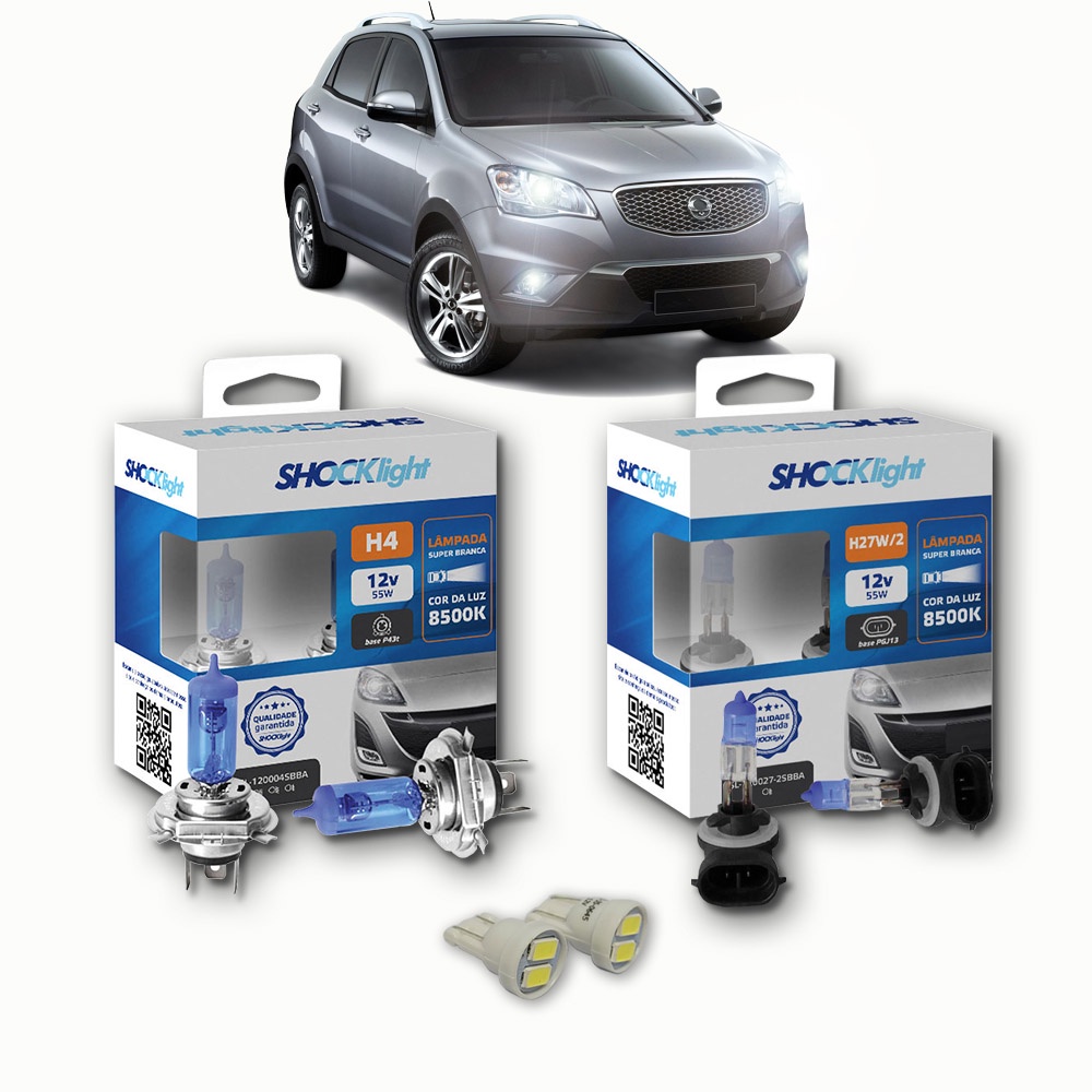 KIT lâmpadas Super brancas 8500K +LED T10 Sangyong Korando 2011/2013 H4 FAROL + H27 milhas