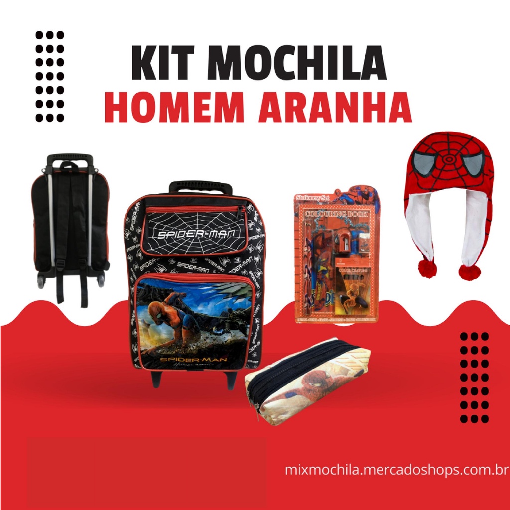 kit Mochila De Rodinhas Homem Aranha Estojo touca lápis