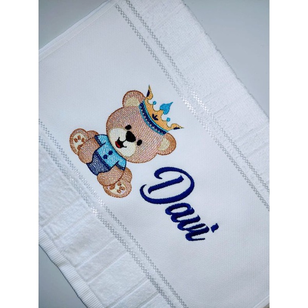 toalha bordada urso príncipe com nome, toalha escolar, toalha infantil