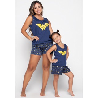 Kit 2 Short Doll Mulher Maravilha Azul Mãe e Filha Pijama Curto Verão Regata