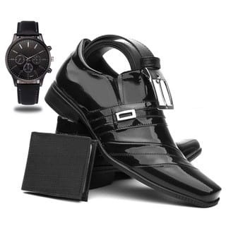 Kit Sapato Social Masculino em Verniz Homem Elegante Com Relogio + Cinto + Carteira