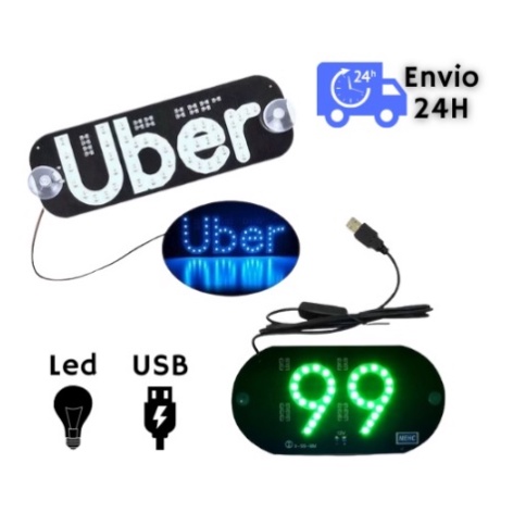 Placa Uber 99 Luminoso de LED Painel Vidro Para-brisa 12v USB com interruptor