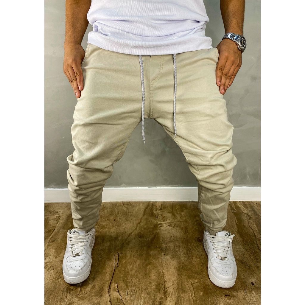 Calça Jogger Slim Sarja Masculina Calca Jogue jeans jooger Bege Clara Estilo Jogador