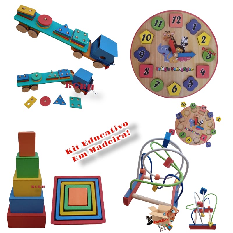 Kit Brinquedo Pedagógico Em Madeira Carreta Prancha Seleção + Relógio + Aramado M  + Cubo De Encaixe