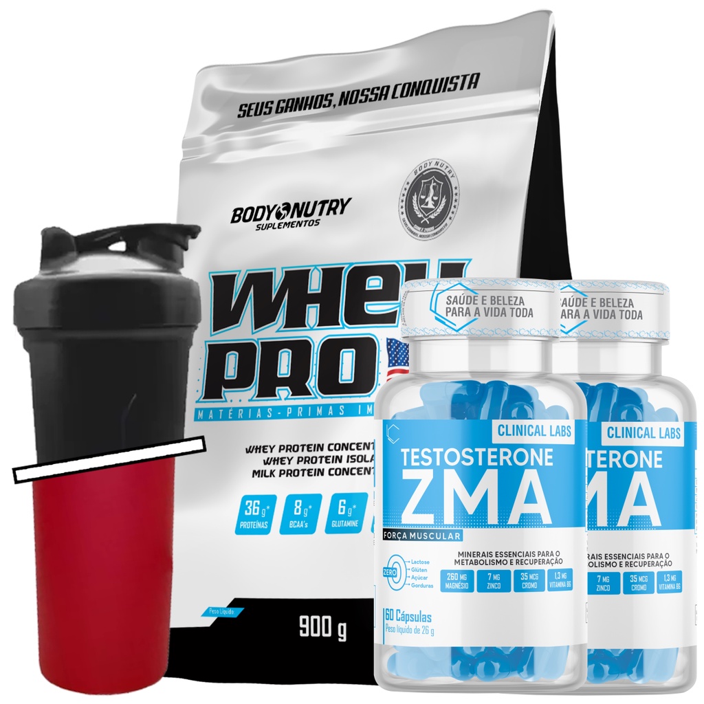 Kit Whey Protein + x2 ZMA Testosterone 60 cápsulas + Coqueteleira