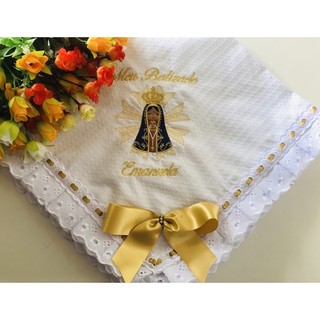 Manta para batizado batismo eucaristia bordada e personalizada para lembrancinha