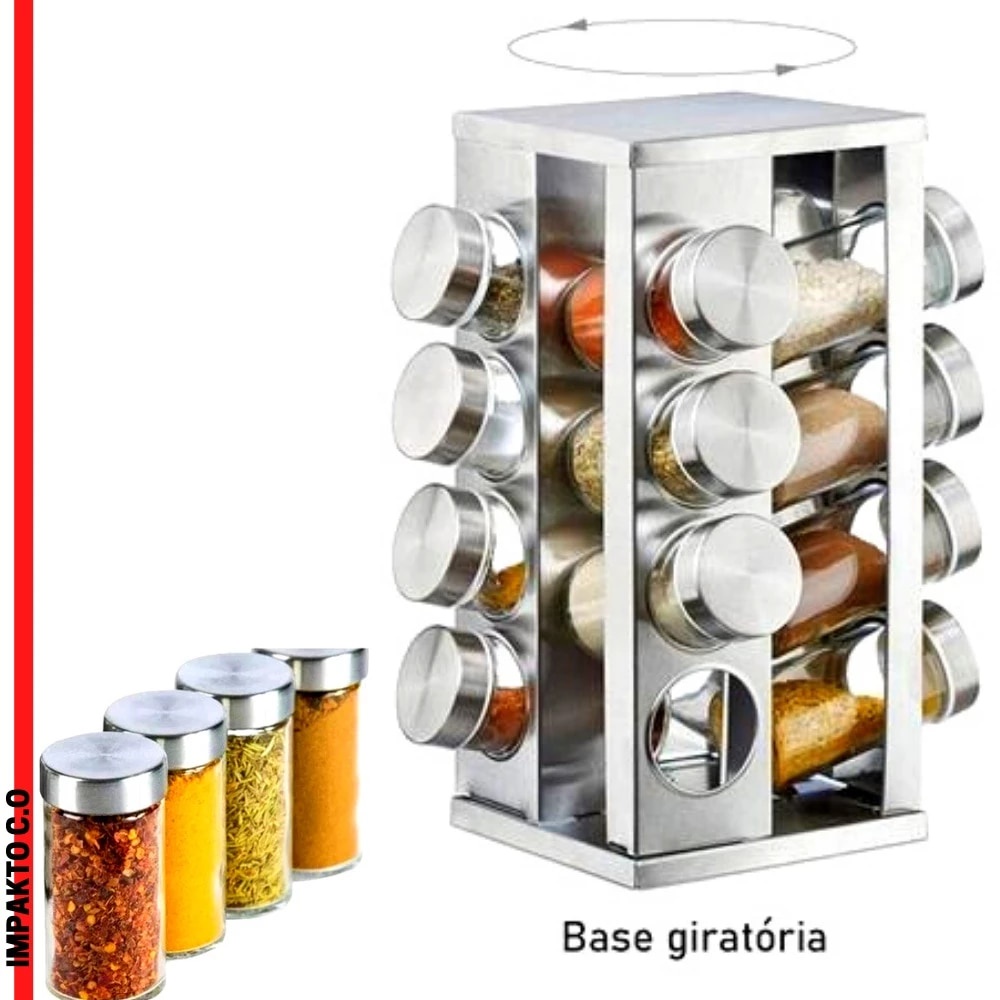 Porta Tempero Inox Com 16 Potes + Suporte Giratório Potes De 80 GR Material: Vidro E Metal Suporte quadrado