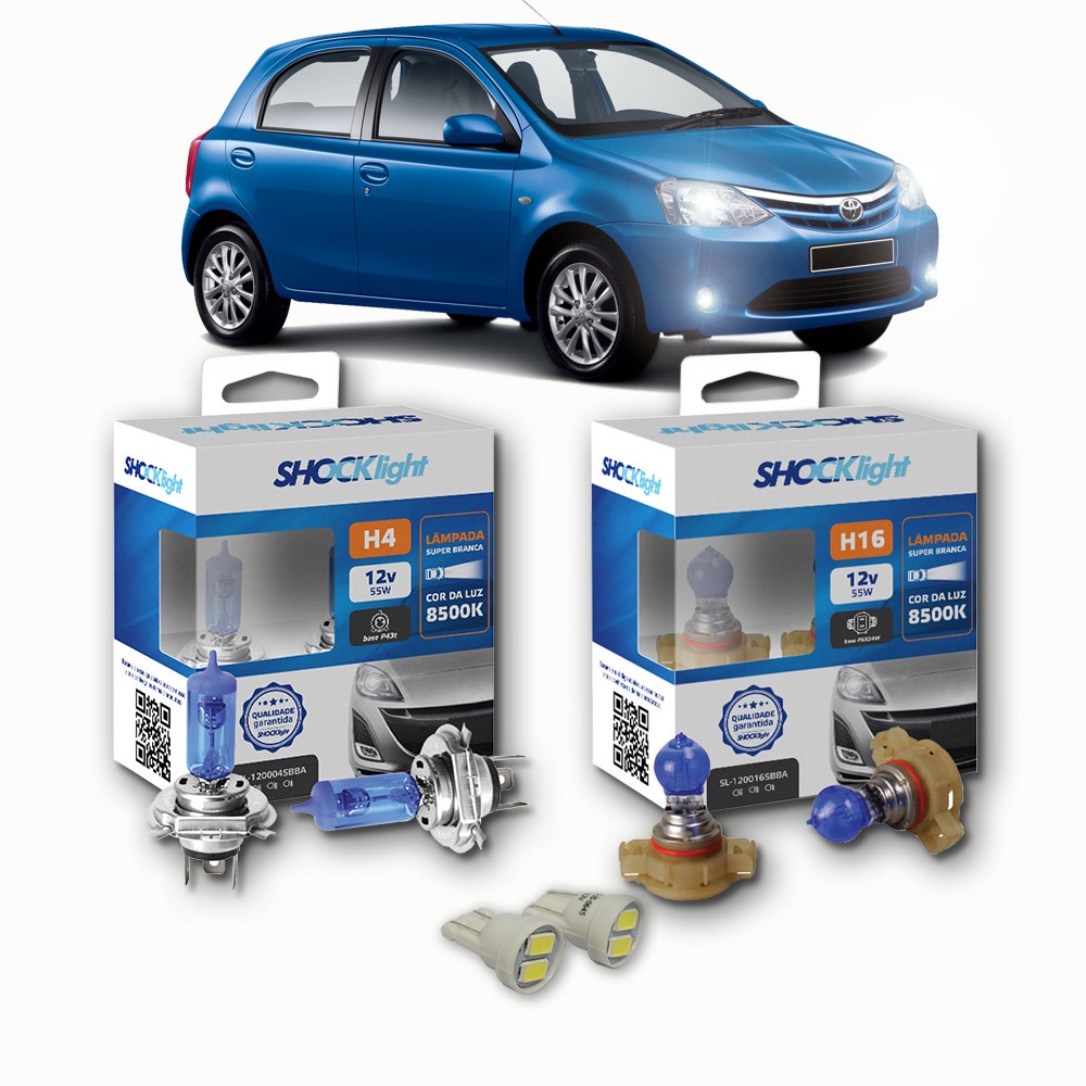 KIT lâmpadas Super brancas 8500K +LED T10 Toyota Etios H4 FAROL + H16 milhas