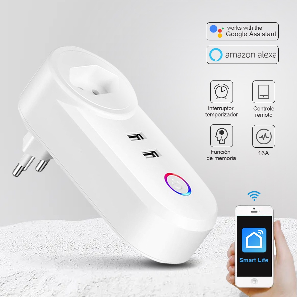 Tomada Wifi Inteligente Smart 16A Dois USB APP Automação Residencial