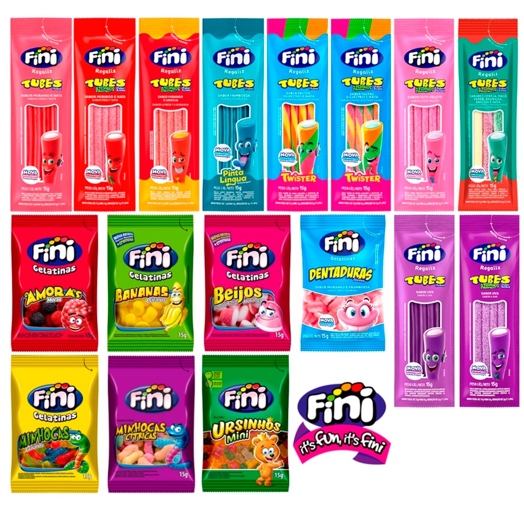 Kit C/60un Balas Fini Sabores Variados Balas de Gelatinas Tubes Cítricas Azedinhas 15g