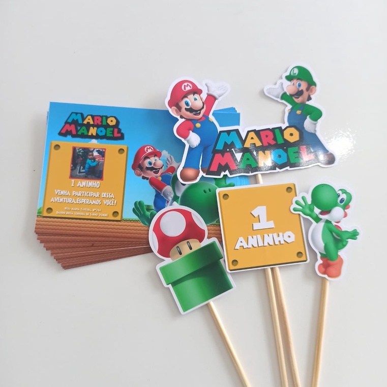 Kit Festa Tema Mario Bros Convite e Topo de Bolo - PERSONALIZAMOS PRA VOCÊ!