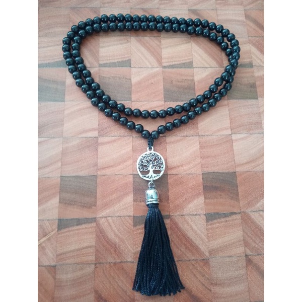 Imagem Japamala 108 Contas Pérola Negra ( Plástico ) Com Pingente Árvore Da Vida Rosário Budista Ref:259