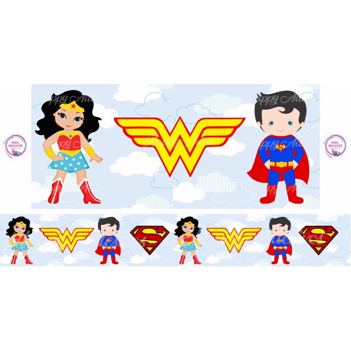 Faixa Adesiva Decorativa para Parede Quarto Infantil Baby Menino Menina Gemeos Super Homem Mulher Maravilha Super Heróis Adesivo de Parede