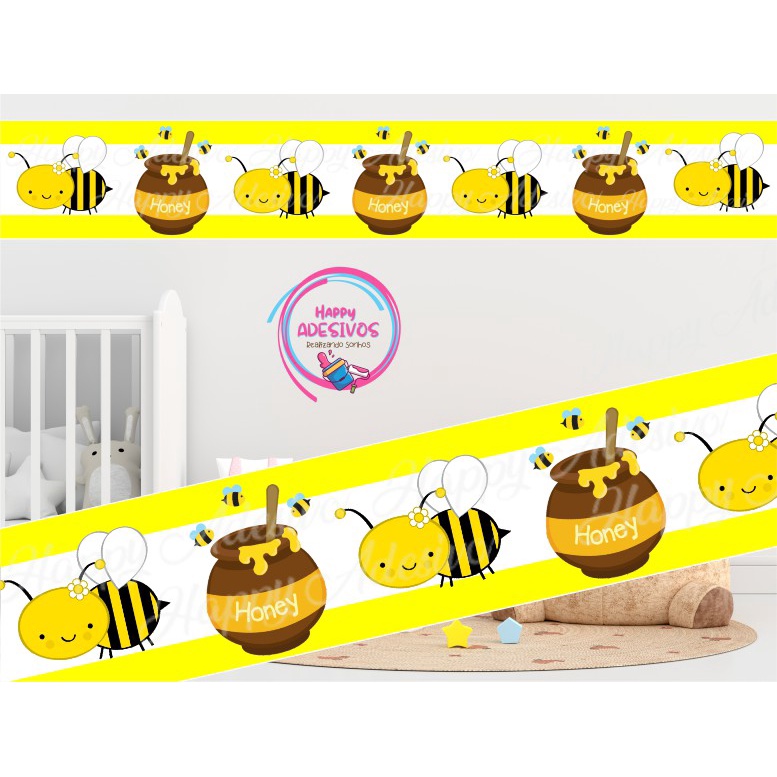 Faixa Adesiva Decorativa de Parede Adesivo para Parede Infantil Menino Menina Teen Baby Abelha Abelhinha Amarela Decoração Quarto Mel Abelhinhas