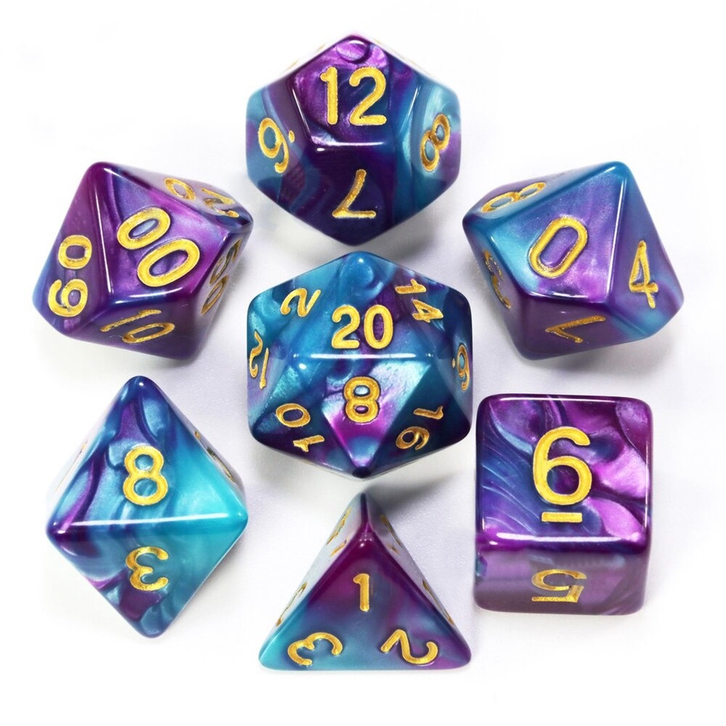 Kit 7 Dados RPG Cores Mescladas Turquesa e Púrpura Poliedricos D&D Tormenta Pathfinder D20 D12 D% D10 D8 D6 D4