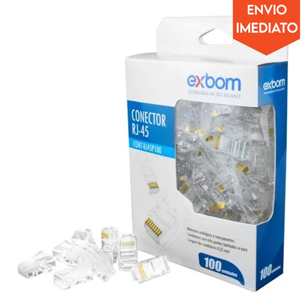 Conector Cabo de Internet RJ45 Cat5e Cristal Exbom 100 Unidades