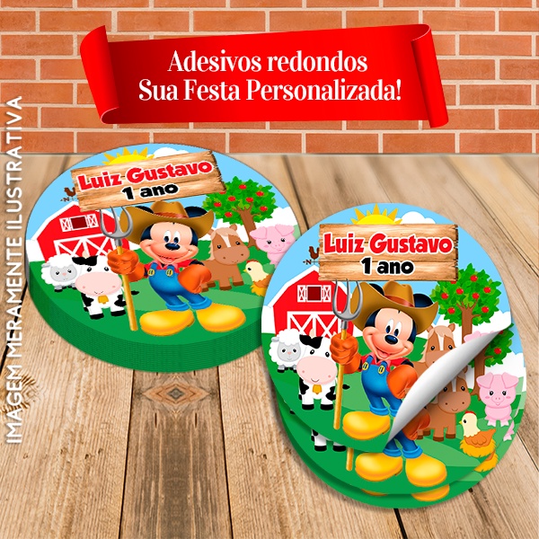 Adesivos Redondos Personalizados Mickey Fazendeiro