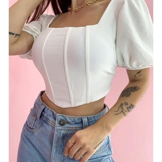 Blusa Cropped Feminino com Mangas Barbatanas Elegante com Armação nas Costas no Tecido Duna Julia Moda Feminina.