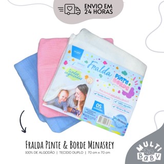 Kit Fralda Pinte e Borde Bebê 5 Unidades Com Barrado Para Pintar e Bordar 100% Algodão Tecido Duplo 70 cm x 70 cm Minasrey
