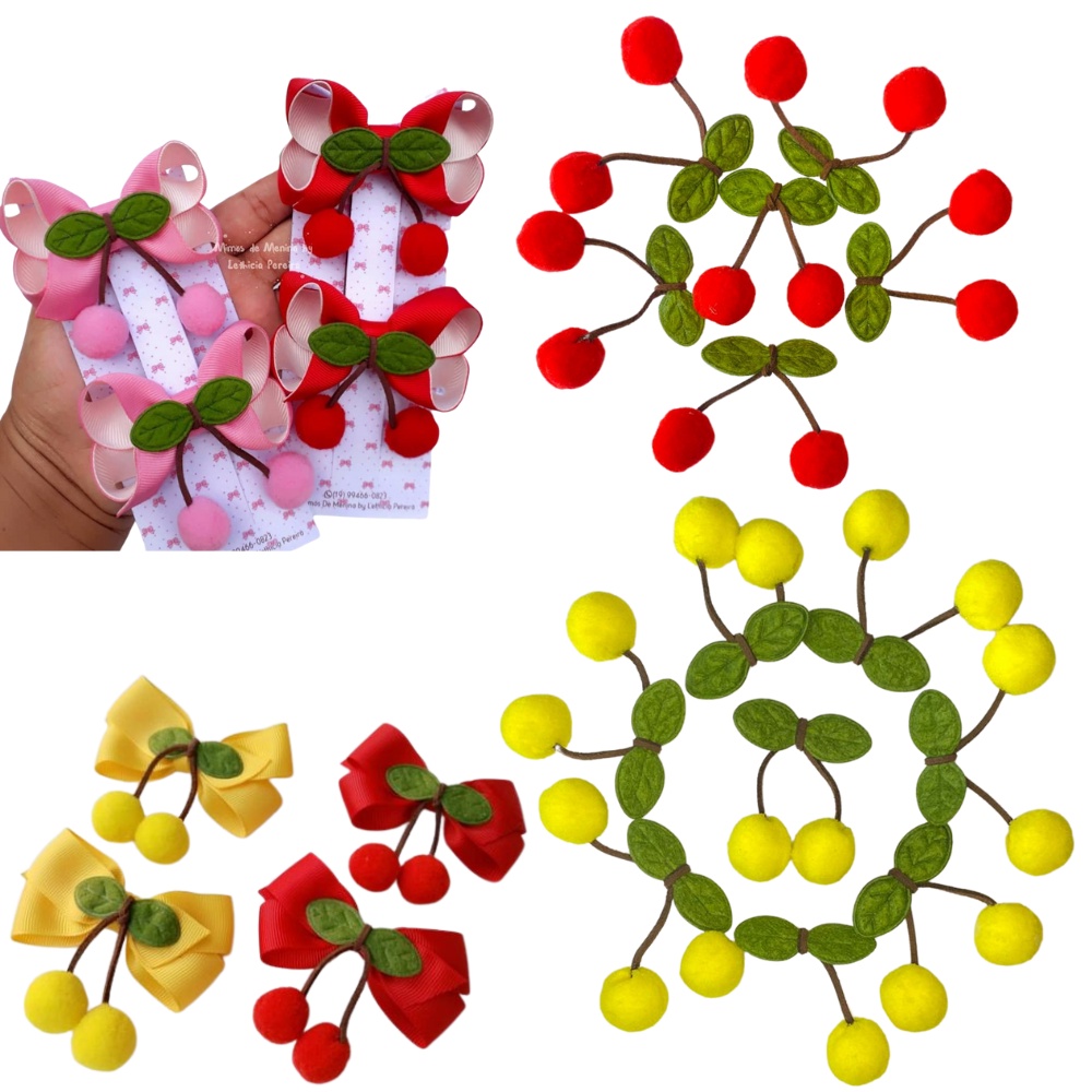 Aplique cereja pompom 10 unidades- laçeira- laços para cabelo-tiara menor preço em Oferta na Shopee