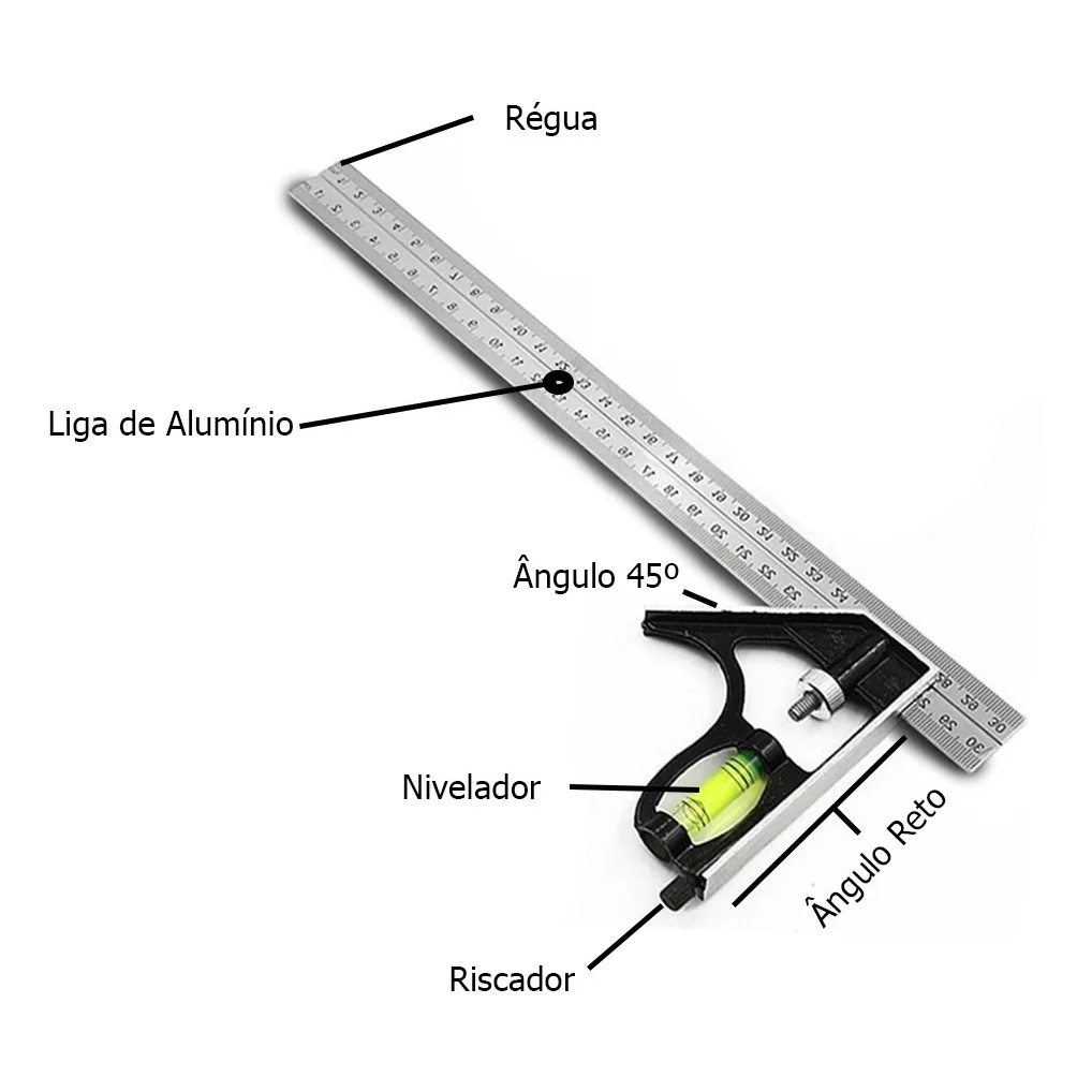 Esquadro Combinado Marcenaria Madeira C/ Régua Carpinteiro
