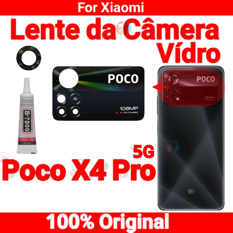 Vidro da Camera Xiaomi Poco X4 Pro 5G Lente da Câmera Traseira Vidrinho Traseiro + Cola B7000 Original