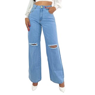 Calça Wide Leg Jeans Pantalona Jeans Perna Larga Cintura Alta