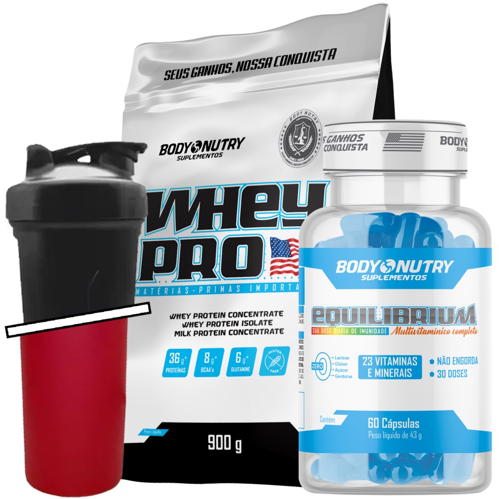 Kit Whey Protein 900g + Equilibrium 60 Cápsulas + Coqueteleira