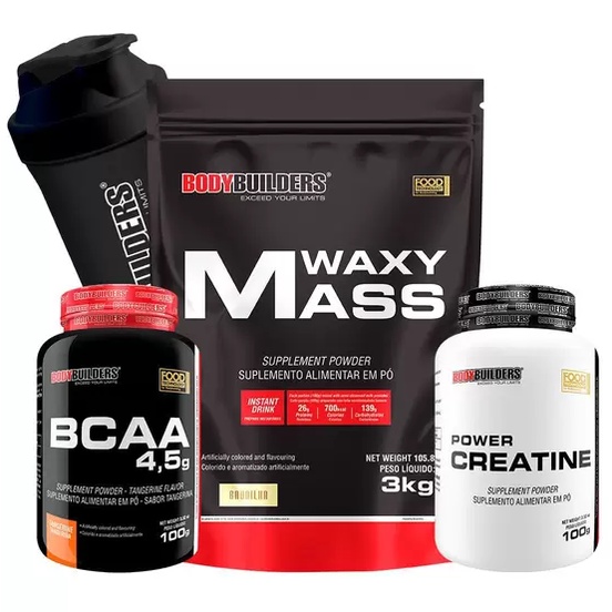 Kit Hipercalórico Waxy Mass 3kg + Creatine 100g + BCAA + Coqueteleira – Bodybuilders