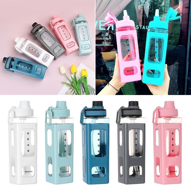 Garrafa de Água 1 Litro 1000Ml Quadrada Squeeze Motivacional Com Canudo Para Academia Infantil Escola